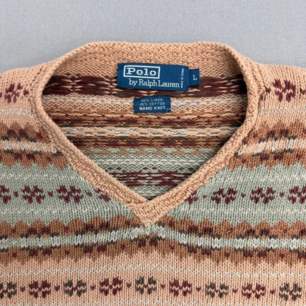 Polo Ralph Lauren Hand Knit Fair Isle V-Neck Sweater Linen Cotton Mens Large Tan